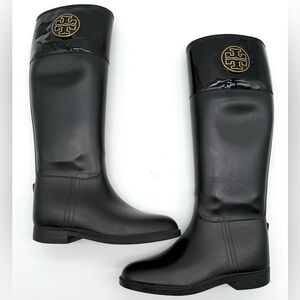 TORY BURCH Tall Rubber Rain Boots with Leather Collar  Size 8B Designer